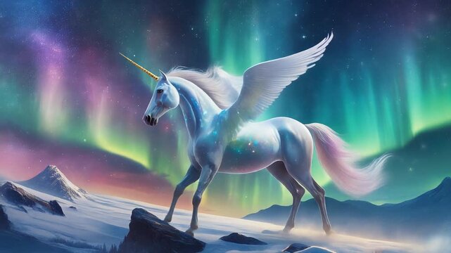 オーロラと夜の空を背景に走り飛ぶユニコーン・ペガサス
