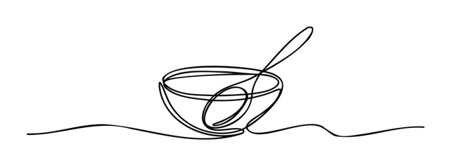 Minimalist single line drawing of a bowl with a spoon, representing food and simple cuisine concepts for culinary websites and healthy eating promotion
