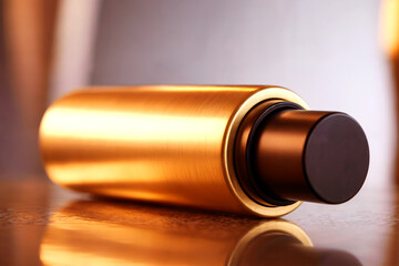 Luxury Gold Cosmetic Bottle Mockup on Reflective Surface for Premium Beauty and Skincare Branding