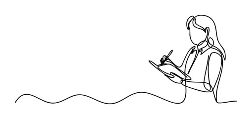 Single line drawing of a woman writing in a notebook, symbolizing learning and productivity for business or educational concepts.