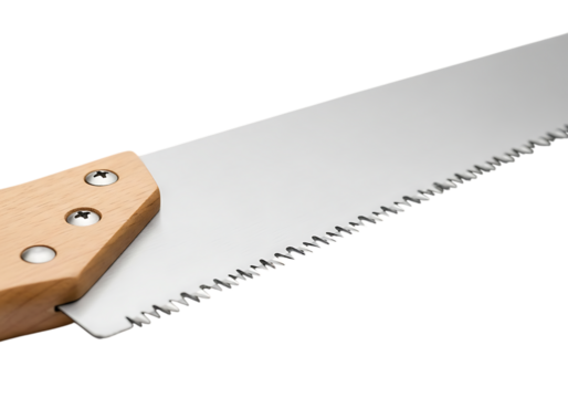 Close up view of a sharp toothed japanese pull saw with a wooden handle against a dark background