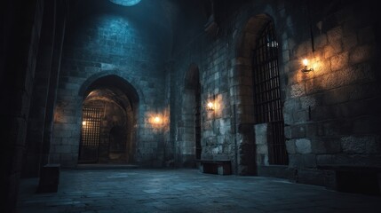 Fototapeta premium Medieval stone interior with archways and sconces