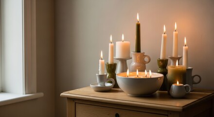 Warm candles glow softly on a wooden table, creating a peaceful hygge ambiance perfect for relaxation and quiet contemplation in a modern home