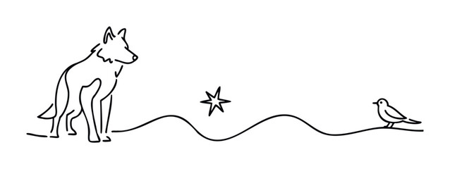 Minimalist line drawing of a wolf looking at a small bird across a wavy landscape, perfect for nature themes and animalrelated concepts