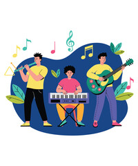 Music band flat design playing keyboard guitar
