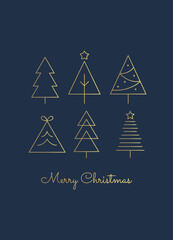 Minimal Christmas Card with Gold Line Trees on Dark Blue Background. Elegant Holiday Greeting.