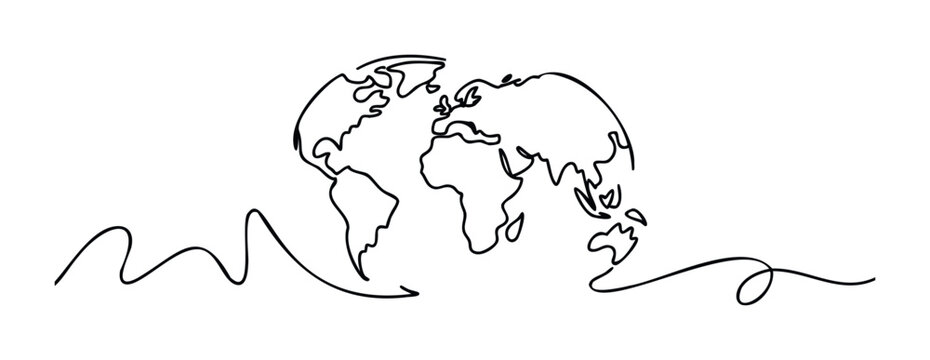 Abstract single line drawing of planet earth with flowing path signifying global connection and travel routes for international business or exploration