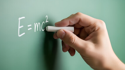 Hand writing E=mc² on chalkboard for Knowledge Day  
