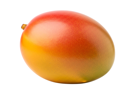 Vibrant ripe mango with a gradient of red orange and yellow hues against a stark black background