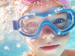 Naklejka premium A close-up of a young girl with goggles swimming underwater, surrounded by bubbles.