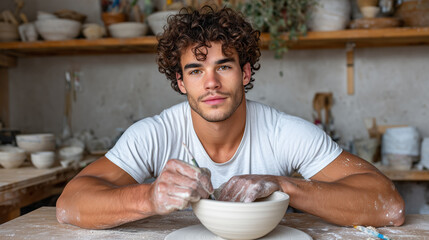 European Ceramic Artist Brushing Glaze on Handmade Bowl in Warm Studio

