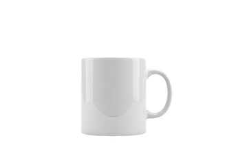 A plain white ceramic mug with a handle stands isolated against a stark black background ready for customization