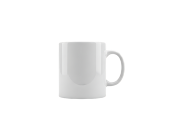 A plain white ceramic mug with a handle stands isolated against a stark black background ready for customization