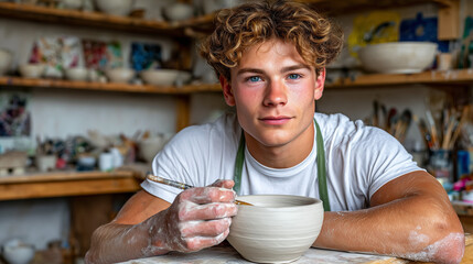 European Ceramic Artist Brushing Glaze on Handmade Bowl in Warm Studio

