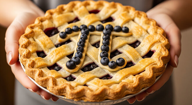 Woman's hands holding a homemade pie with the Pi symbol made of blueberries in celebration of Pi Day.