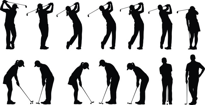 Silhouette collection of male and female golfer swing sequence and stance