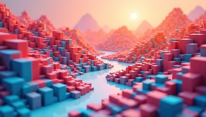 Vibrant Isometric Cube Landscape With Complex Structural Geometry