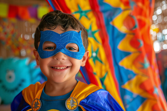 Superhero Costume for Boy with Mask and Cape on Colorful Background for Carnival and Birthday Parties