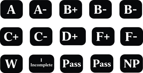 Set of black academic grading symbols including letter grades, pass, fail, incomplete, and withdrawal
