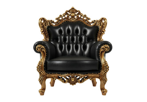 Ornate baroque armchair with black tufted leather and gilded gold carved wood frame - Powered by Adobe