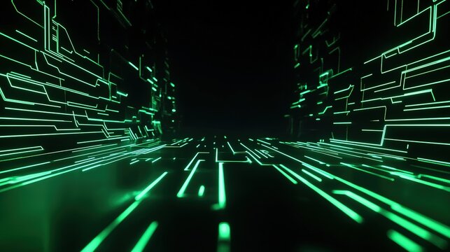 Cyberpunk Style 3D Render of Glowing Emerald Lines on Black, Futuristic Digital Background with Surreal Atmosphere