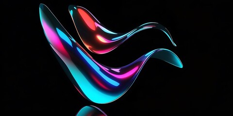 Black dark abstract background. Iridescent neon fluid waves. Smooth glass ribbons 3D render. Futuristic metallic curve. Pink magenta cyan bright glow shimmer. Dynamic modern blur texture.