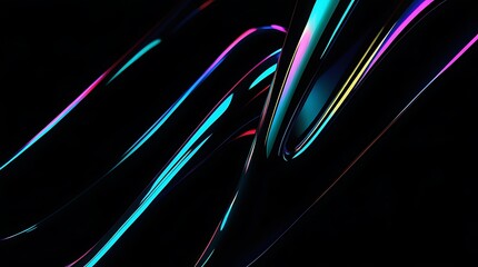 Black dark abstract background. Iridescent fluid glass wave. Prism shape 3D render. Smooth curve transition. Rainbow light flare. Bright glow shimmer. Neon metallic futuristic blur texture.