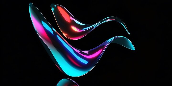 Black dark abstract background. Iridescent neon fluid waves. Smooth glass ribbons 3D render. Futuristic metallic curve. Pink magenta cyan bright glow shimmer. Dynamic modern blur texture.