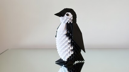 A Detailed Close-Up of a Handmade Origami Penguin Standing Tall on a Reflective Surface.
