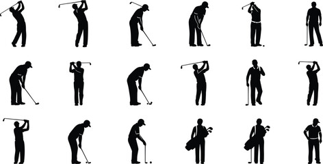 Collection of black silhouette icons depicting various stages of a golfers swing and stance