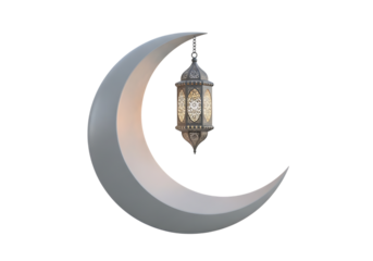 Elegant crescent moon illuminates a traditional islamic lantern against a deep black background