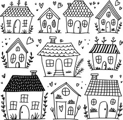 Fototapeta premium Hand drawn cute house doodle set. Whimsical cottage, home, and building vector collection