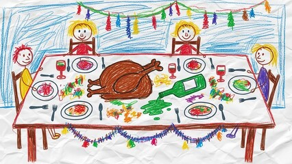 Obraz premium Child's Drawing of a Family Thanksgiving Dinner with a Festive Table Setting and Some Spilled Food.