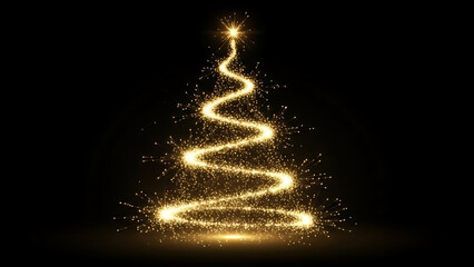 A glowing, magical Christmas tree created from a swirling trail of golden sparkles and glitter on a black background, topped with a bright star