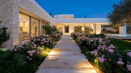 Minimalist villa with blooming roses along sleek stone pathway, glowing wide windows and modern landscaping