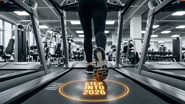 Stepinto2026 motivational gym concept showcasing fitness journey and new year goals on treadmill