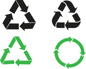 Collection of four distinct recycling symbols in black and green showcasing different arrow configurations