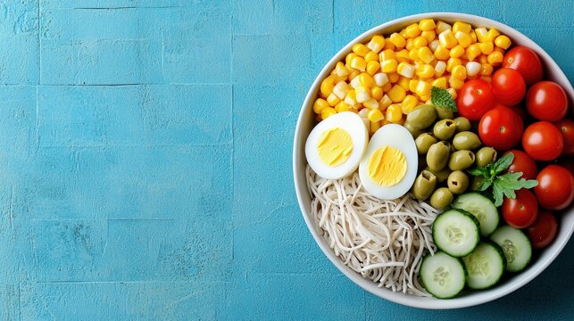 Overhead shot of a colorful salad bowl filled with fresh vegetables, eggs, and olives, arranged on a textured blue surface. - Powered by Adobe