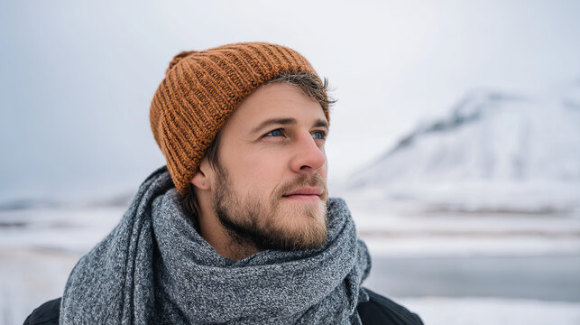 A young man smiles in a snowy winter forest. A guy walks outside in a park. Portrait of a man in the fresh air in winter. An active lifestyle in winter during vacation or holidays.