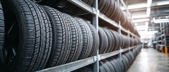 Tires on shelves in storage