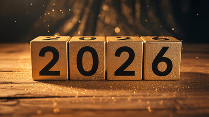 Golden wooden 2026 blocks with festive sparkles and warm celebratory background