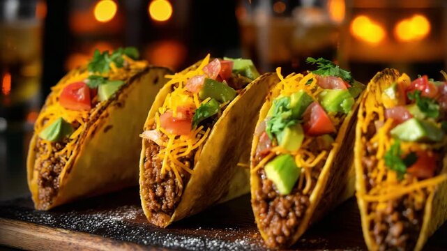 Delicious Tacos with Beef Avocado and Cheddar Cheese on Wooden Board in Soft Lighting against Dark Background