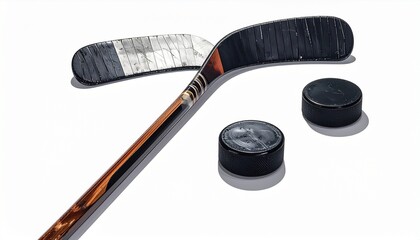 A wooden hockey stick with a taped blade and two black pucks on a white surface.