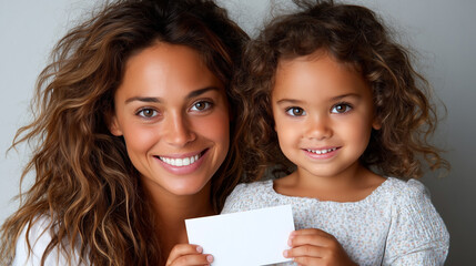 Mom and Daughter Laughing Together Holding a Blank Card in Natural Setting