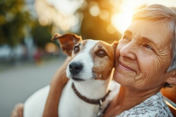 A senior woman affectionately holding her dog while sitting on a park bench during sunset.