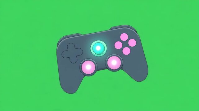 Cartoon video game controller with glowing buttons on green background
