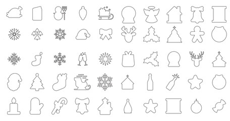 Editable stroke, A massive set of 50 Christmas line icons. vector outlines, Digital stamps. Simple thin line symbols of winter items isolated on white. A comprehensive graphic elements pack for design