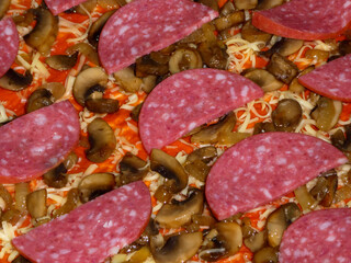 Unbaked Pizza Ingredients with Salami, Mushrooms, and Cheese