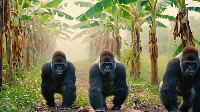 Gorillas in a banana plantation.