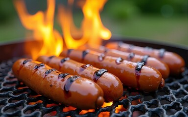 Grilled sausages on barbecue with flames showcasing a barbecue picnic setting perfect for outdoor gatherings and food promotions. High quality